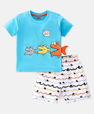 Babyhug Single Jersey Cotton Knit Half Sleeves Fish Printed Night Suit - Blue