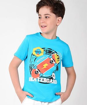 Pine Kids Cotton Half Sleeves T-Shirt Skateboard Print - Blue Atoll