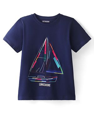 Pine Kids Cotton Knit Half Sleeves T-Shirt Boat Print - Blue Depths