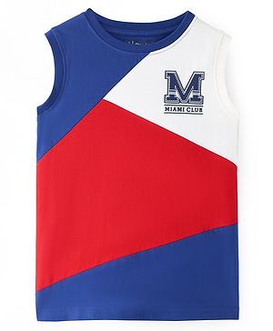 Pine Kids Cotton Knit Sleeveless T-Shirt with Text Print & Color Block - Red White & Navy Blue