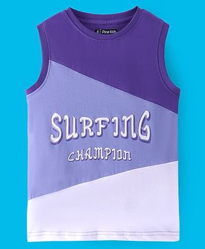 Pine Kids Cotton Knit Sleeveless T-Shirt With Color Block & Text Print - Snow White