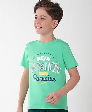 Pine Kids Cotton Knit Half Sleeves Text & Floral Printed T-Shirt - Green