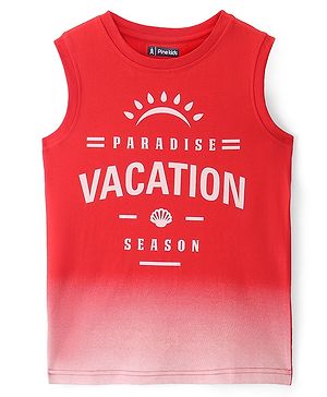 Pine Kids Cotton Knit Sleeveless T-Shirt with Text Print - Red & White