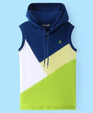 Pine Kids Cotton Knit Sleeveless  Hooded T-Shirt With Color Block Print - Multicolor