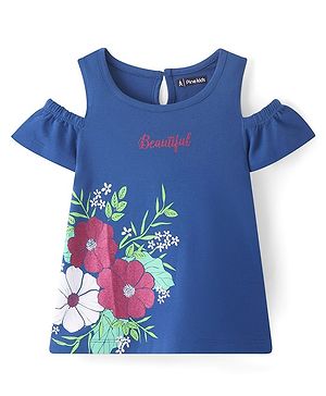 Pine Kids Cotton Knit Cold Shoulder Sleeves Floral Printed Top - Blue