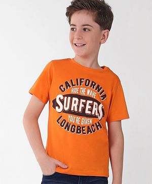Pine Kids Cotton Knit Half Sleeves Text Print T-Shirt - Orange