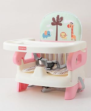 Babyhug Comfort Folding Booster Seat with 3 Point Safety Harness Built-In Cup Holder Animal Print- Pink| Adjustable Height| Easy to Install| Removable Food Tray| Washable Sear Cover