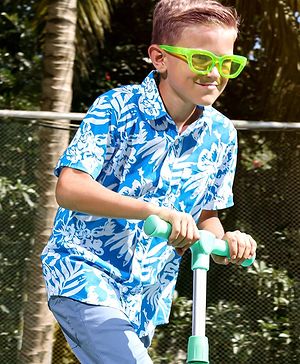 Pine Kids Cotton Half Sleeves Shirt Tropical Print - Blue