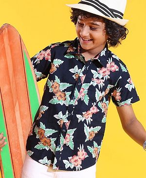 Pine Kids Cotton Woven Half Sleeves Shirt Floral Printed - Navy Blue