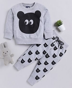 TOONYPORT Full Sleeves Cartoon Face Animal Printed Looper Knitted Sweatshirt & Joggers Set - Grey & Black