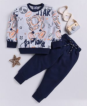 TOONYPORT Full Sleeves Space Theme Astronaut Printed Looper Knitted Sweatshirt & Joggers Set - Grey & Navy Blue