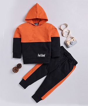 TOONYPORT Full Sleeves Feel Good Printed Colour Blocked Looper Knitted Hooded Sweatshirt & Joggers Set - Orange & Black