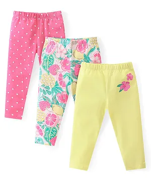 Babyhug Cotton Lycra Full Length Leggings with Floral & Polka Dots Print Pack of 3 - Pink Green & Yellow