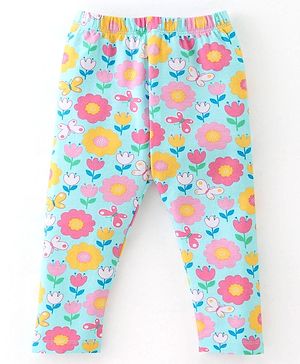 Babyhug Cotton Lycra Full Length Leggings Floral Printed - Pink & Blue
