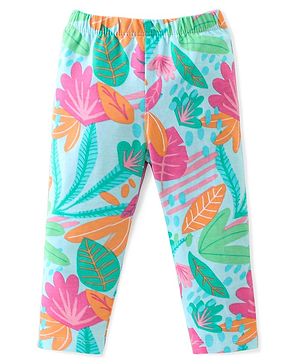 Babyhug Cotton Lycra Full Length Leggings Leaves Printed - Pink & Blue