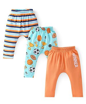 Babyhug Cotton Knit Full Length Diaper Leggings with Striped & Sports Print Pack of 3 - Blue & Orange Babyhug Cotton Knit Full Length Diaper Leggings with Striped & Sports Print Pack of 3 - Blue & Orange