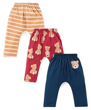 Babyhug Cotton Knit Full Length Diaper Leggings Bear Printed & Striped Pack of 3 - Red & Blue Babyhug Cotton Knit Full Length Diaper Leggings Bear Printed & Striped Pack of 3 - Red & Blue