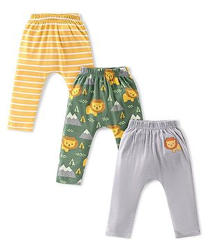 Babyhug Cotton Full Length Diaper Leggings Lion & Stripes Print Pack Of 3- White Yellow & Green