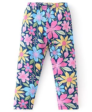 Babyhug Cotton Lycra Full Length Leggings Floral Printed - Pink & Blue
