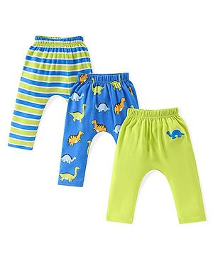 Babyhug Cotton Full Length Diaper Leggings Dino & Stripes Print Pack Of 3- Blue & Green