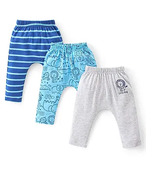 Babyhug Cotton Knit Interlock Full Length Diaper Leggings With Animals Print Pack Of 3 - Blue & Grey