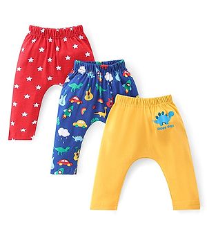 Babyhug Cotton Knit Interlock Full Length Diaper Leggings With Star & Dino Print Pack Of 3 - Yellow Red & Blue Babyhug Cotton Knit Interlock Full Length Diaper Leggings With Star & Dino Print Pack Of 3 - Yellow Red & Blue