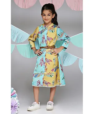 Ka Kids Dress With Digital Fish Print For Girls -Yellow