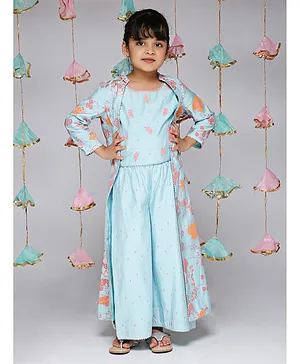 Ka Kids Light Blue Chanderi Choli & Palazzo Jacket With Floral Foil Print For Girls -Lt.Blue