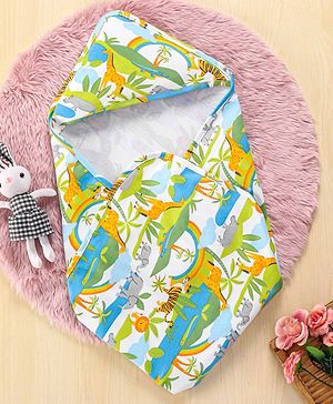 Babyhug Interlock Wrappers With Hood Animal Print L 76.2 x B 76.2 cm - Multicolour