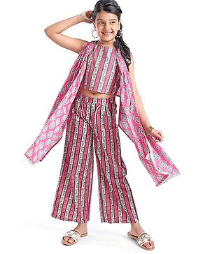 Pine Kids Viscose Sleeveless Kurti & Salwar Set with Dupatta Floral Print - Pink