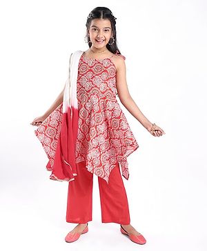 Pine Kids Sleeveless Kurti & Salwar With Dupatta Floral Print Set - Coral