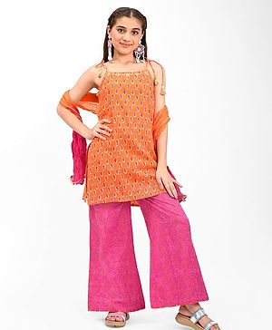 Pine Kids 100% Cotton Sleeveless Kurti & Salwar With Dupatta Set Ikat Print - Orange & Pink