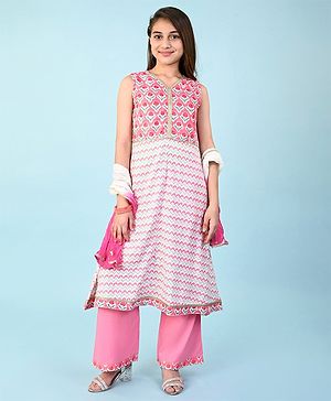 Pine Kids 100% Cotton Woven Sleeveles Kurti  Salwar with Floral Print & Dupatta-  Pink