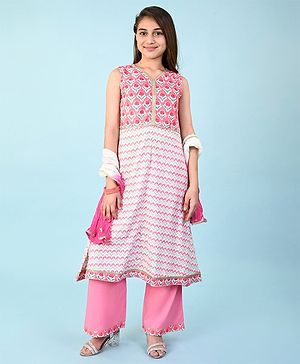 Pine Kids 100% Cotton Woven Sleeveles Kurti  Salwar with Floral Print & Dupatta-  Pink
