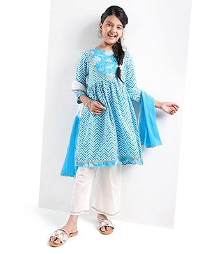 Pine Kids Cotton Woven Three Fourth Sleeves Kurti & Salwar Set with Dupatta & Floral Print - Light Blue