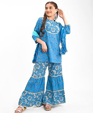 Pine Kids 100% Cotton Woven Three Fourth Sleeves Flower Printed Kurti & Churidar Set with Dupatta - Blue