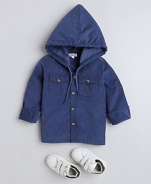 Taffykids Full Sleeves Corduroy Hooded Shirt - Navy Blue