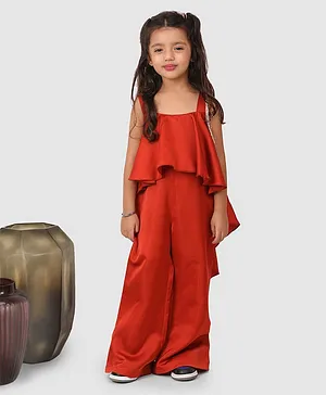 Jelly Jones Sleeveless Solid Asymmetrical Flounce Layered & Flared Jumpsuit - Coral Brown
