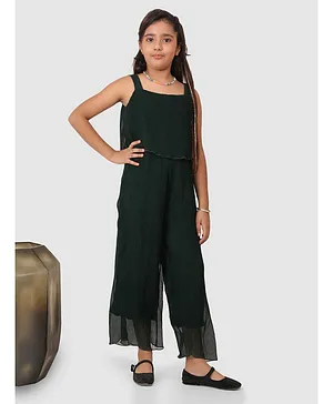 Jelly Jones Sleeveless Solid Accordion Pleated Layered & Flared Jumpsuit - Bottle Green