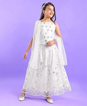 Pine Kids Sleeveless Embroidered Lehanga Choli - White