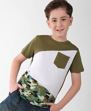 Pine Kids Cotton Half Sleeves Cut & Sew Camouflage T-Shirt with Front Pocket - Capulet Olive