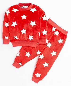 M'andy Full Sleeves All Over Stars Printed Coordinating Fur Winter Wear Tracksuit - Red