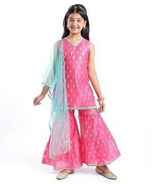 Pine Kids Woven Sleeveless Embroidered Kurti Foil Printed Palazzo & Sequenced Dupatta Set -Pink