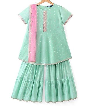 Pine Kids Half Sleeves Kurta & Sharara with Dupatta Foil Print & Embroidered - Mint