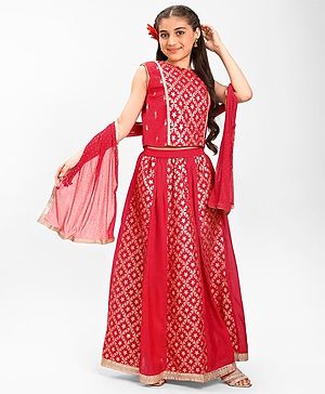 Pine Kids Woven Sleeveless Embroidered Choli Lehenga Set with Dupatta - Salsa