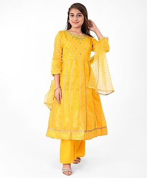 Pine Kids Woven Three Fourth Sleeves Embroidered Kurti & Salwar Set with Dupatta - Yellow