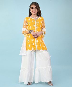 Pine Kids Three Fourth Sleeves Kurti & Churidar Set with Dupatta Floral Embroidery - Yellow