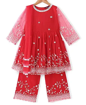 Pine Kids Full Sleeves Kurti  Salwar & Dupatta Set with Floral Embroidery- Poppy Red