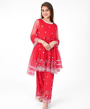 Pine Kids Full Sleeves Kurti  Salwar & Dupatta Set with Floral Embroidery- Poppy Red