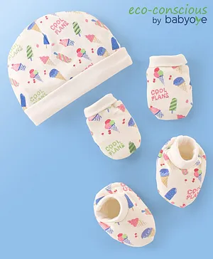 Babyoye Eco Conscious 100 % Cotton Cap Gloves and Mittens Set Ice Cream Print White - Diameter 13 cm